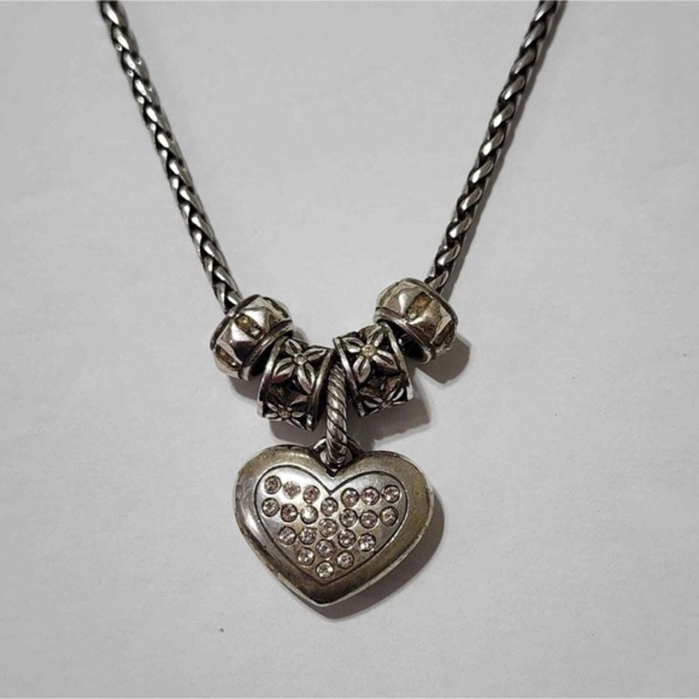 Brighton Silver Heart Crystal Pendant‎ Necklace Charm Bead Detail